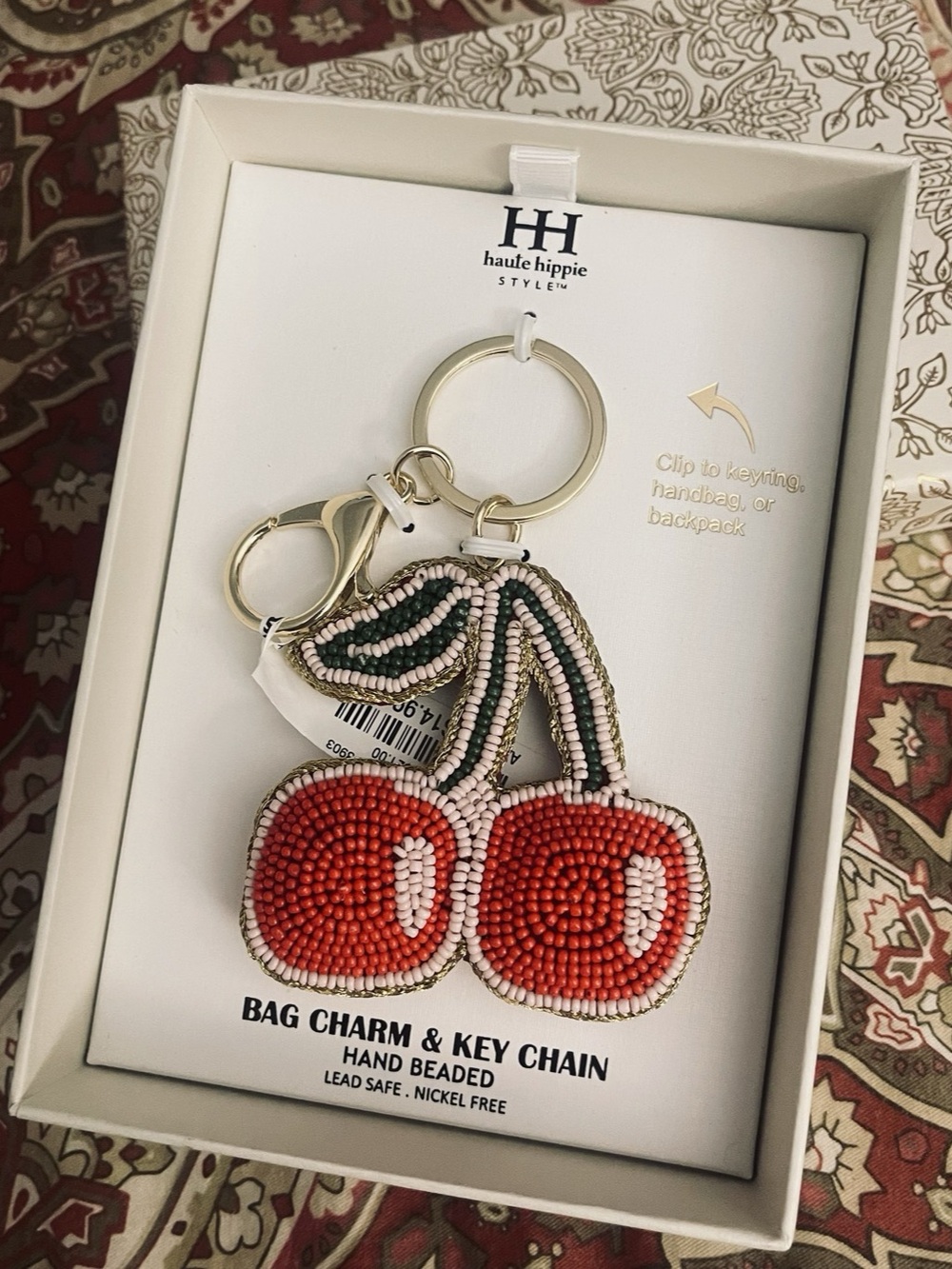Haute Hippie Cherry Bag Charm & Key Chain Beaded Cherry Keychain NWT
